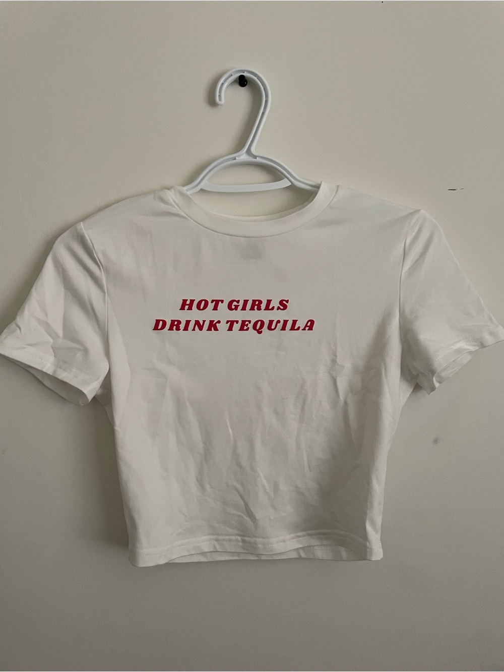 116 White Cropped Tee with Red 'Hot Girls Drink Tequila' Slogan